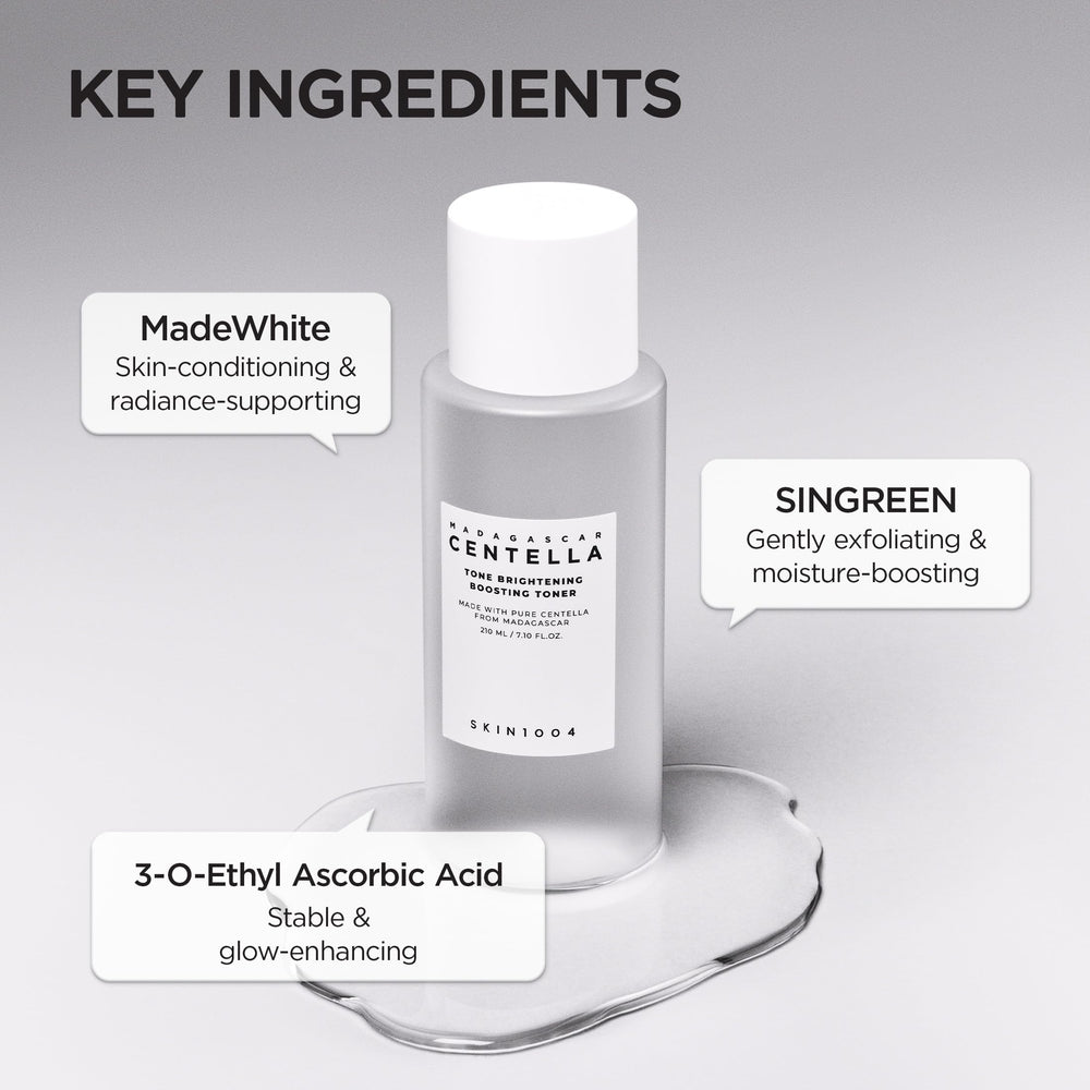 SKIN1004 Tone Glowing Toner bottle pour illustrates lightweight, refreshing daily use