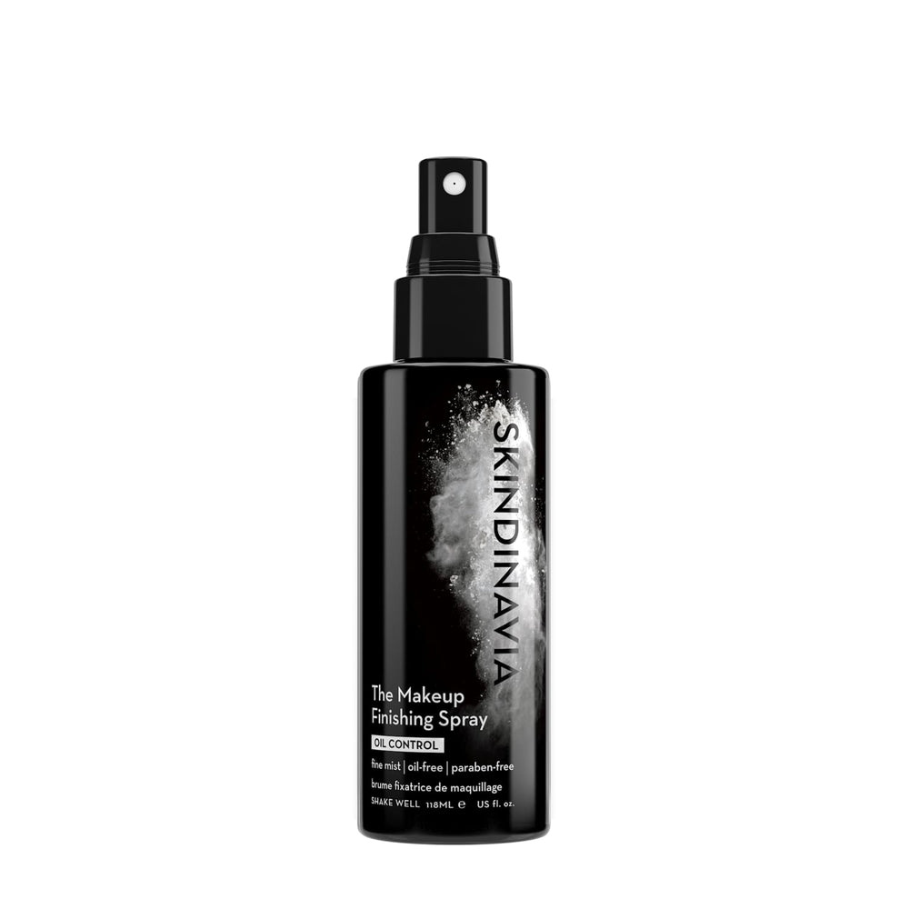 Skindinavia Makeup Finishing Spray bottle closeup showing travel-friendly 2 oz packaging for all-day control