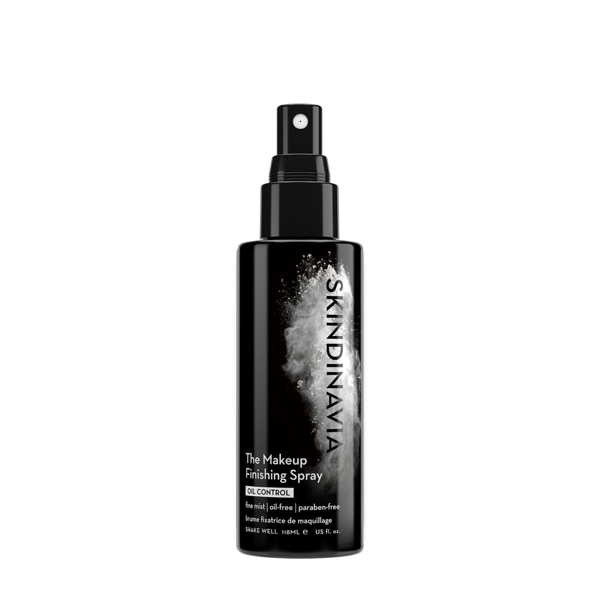 Skindinavia Makeup Finishing Spray bottle closeup showing travel-friendly 2 oz packaging for all-day control