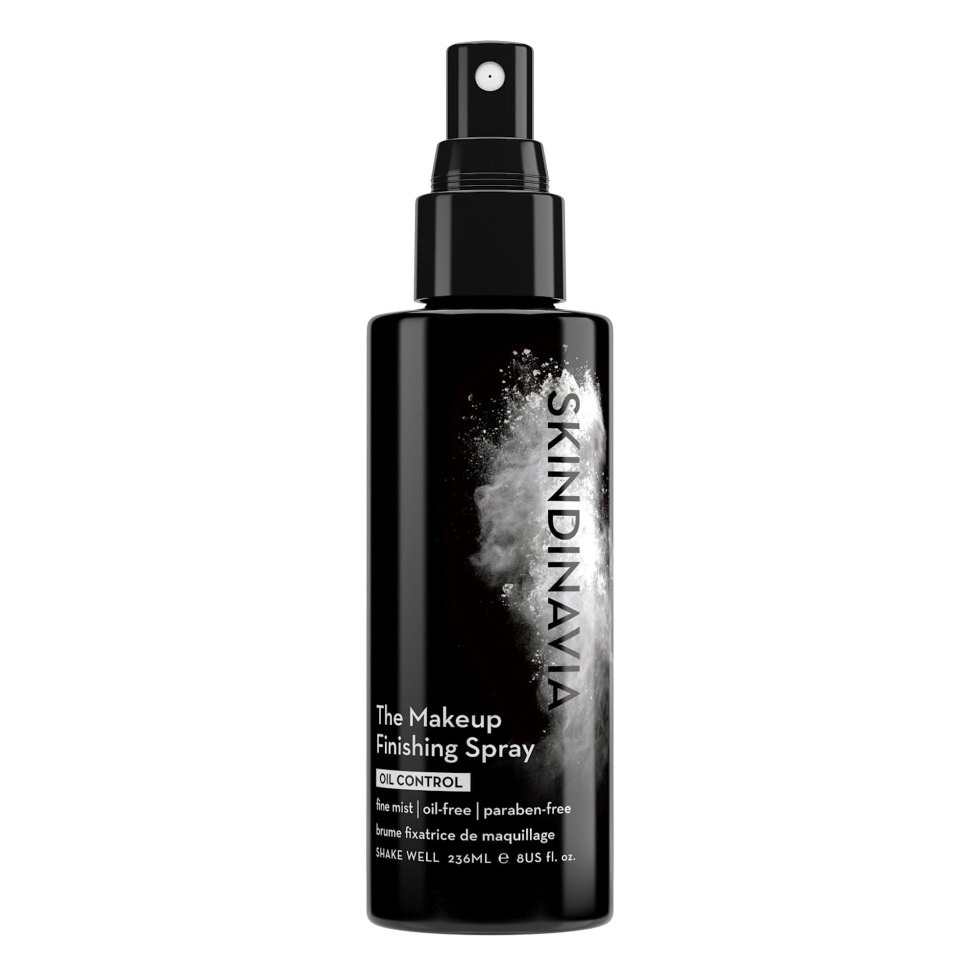 Skindinavia makeup finishing spray bottle close-up showing oil-control for all-day wear