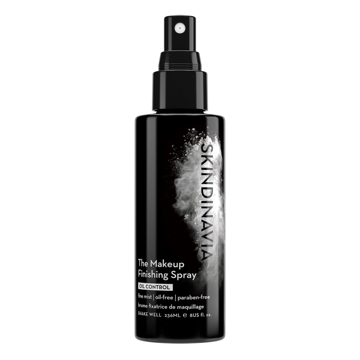 Skindinavia makeup finishing spray bottle close-up showing oil-control for all-day wear