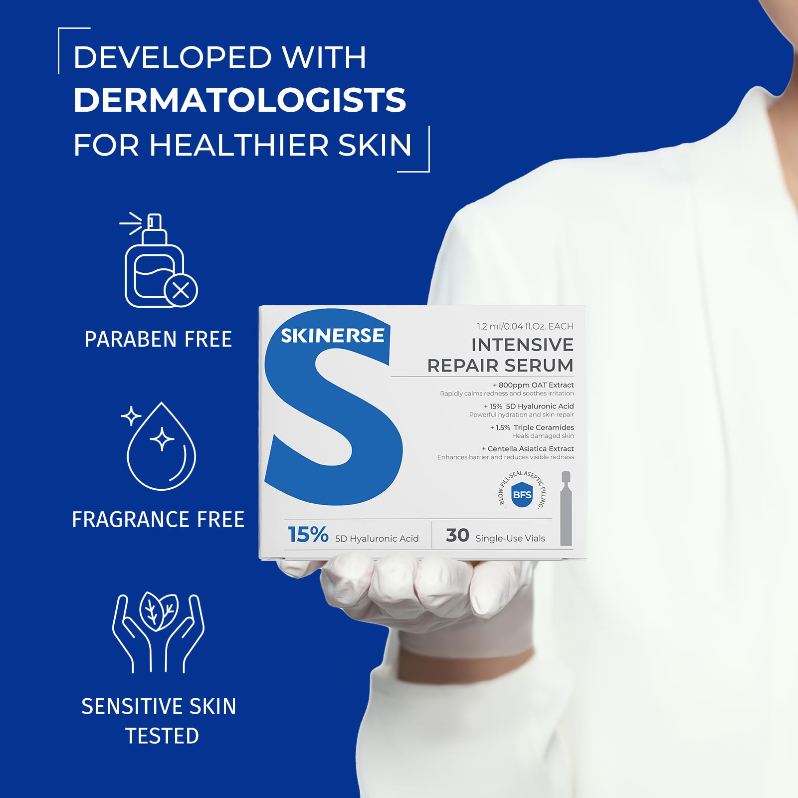 SKINERSE Intensive Repair Serum bottle label emphasizes ceramides and centella theme