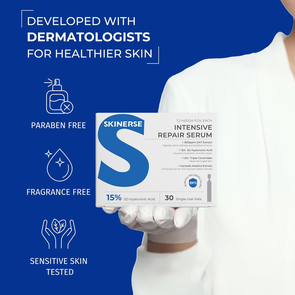 SKINERSE Intensive Repair Serum bottle label emphasizes ceramides and centella theme