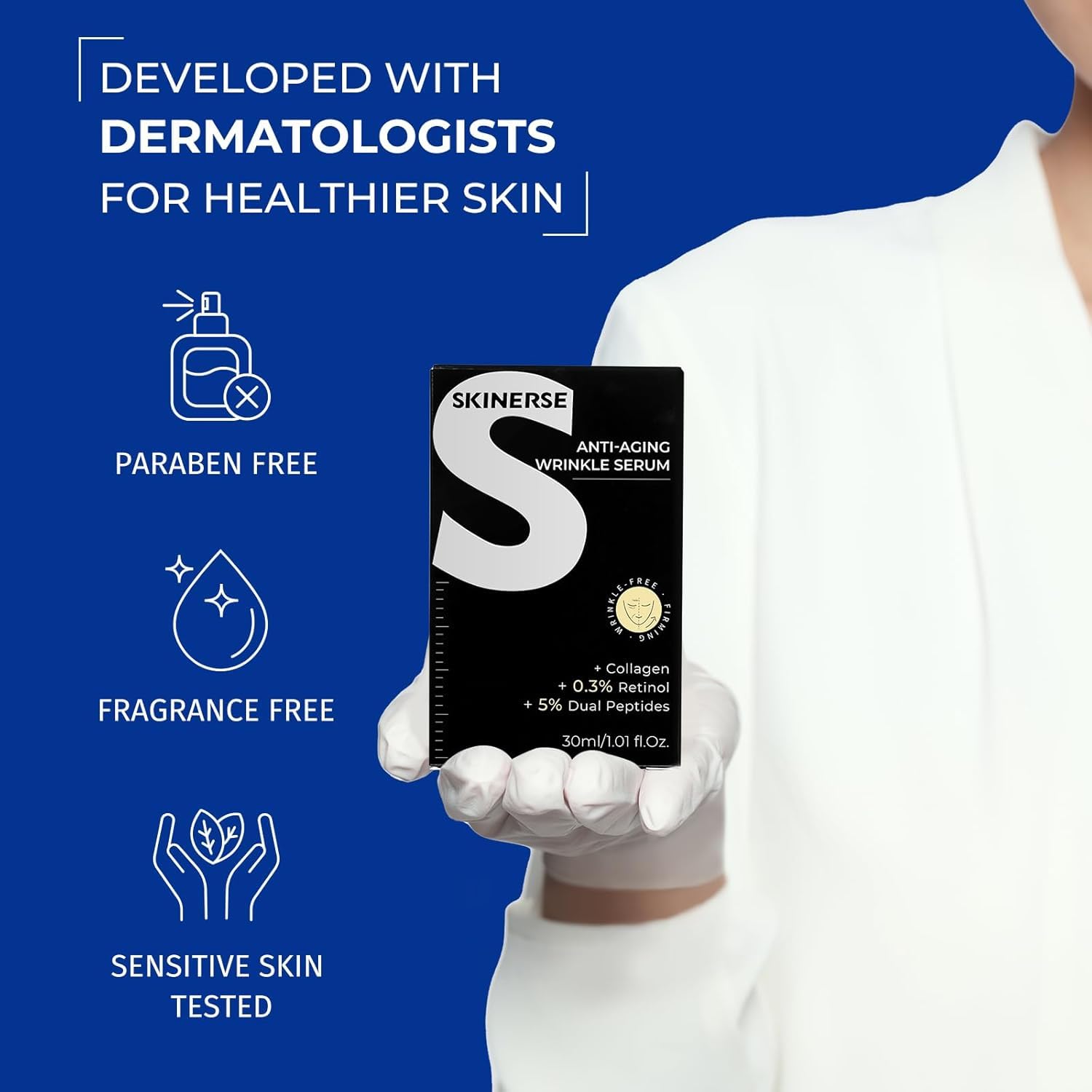 SKINERSE pore-minimizing and brightening close-up suggests refined texture.