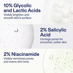 Skinfix exfoliating pads ingredients label shows glycolic lactic salicylic acids and niacinamide
