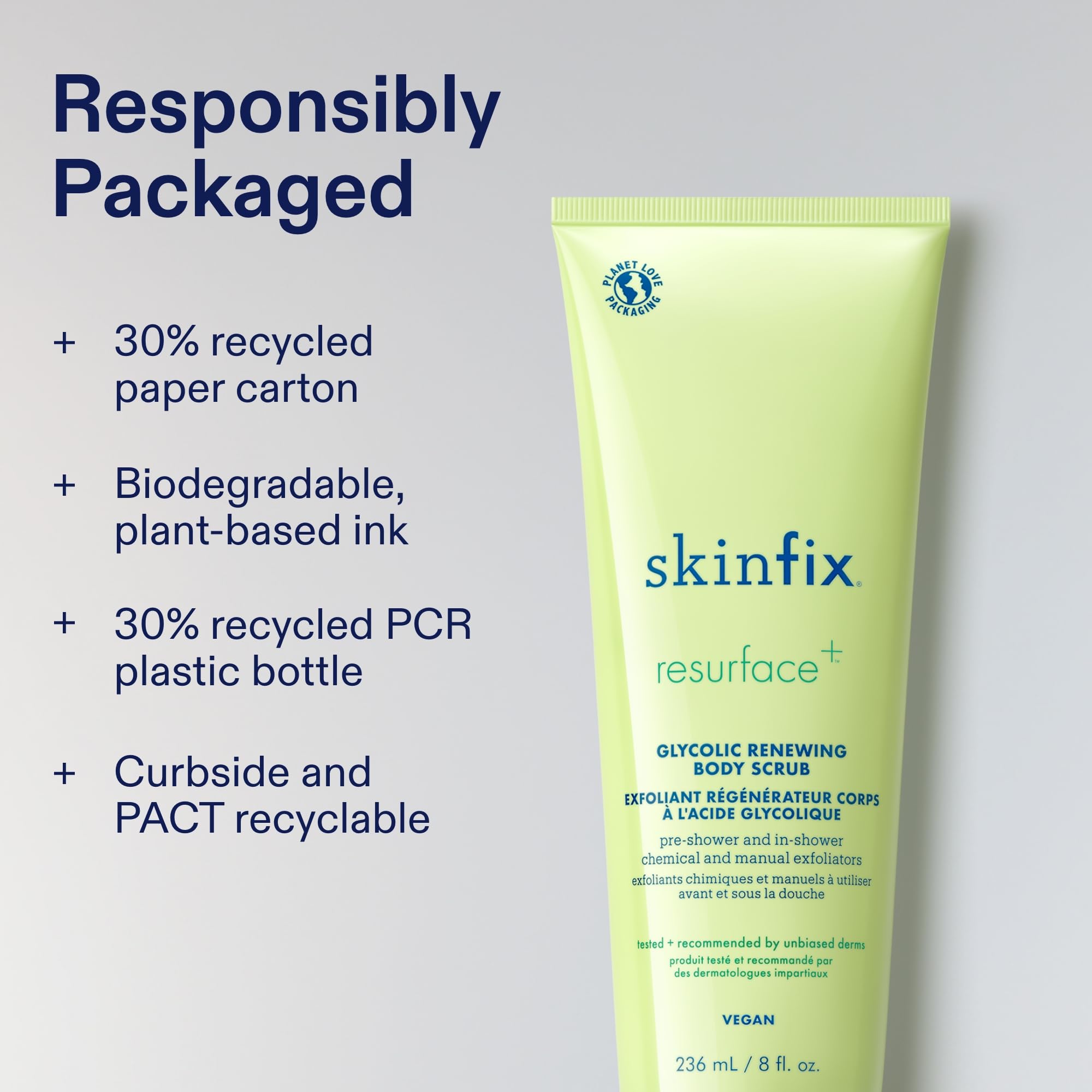 Skinfix Glycolic Renewing Scrub after-shower soft skin closeup