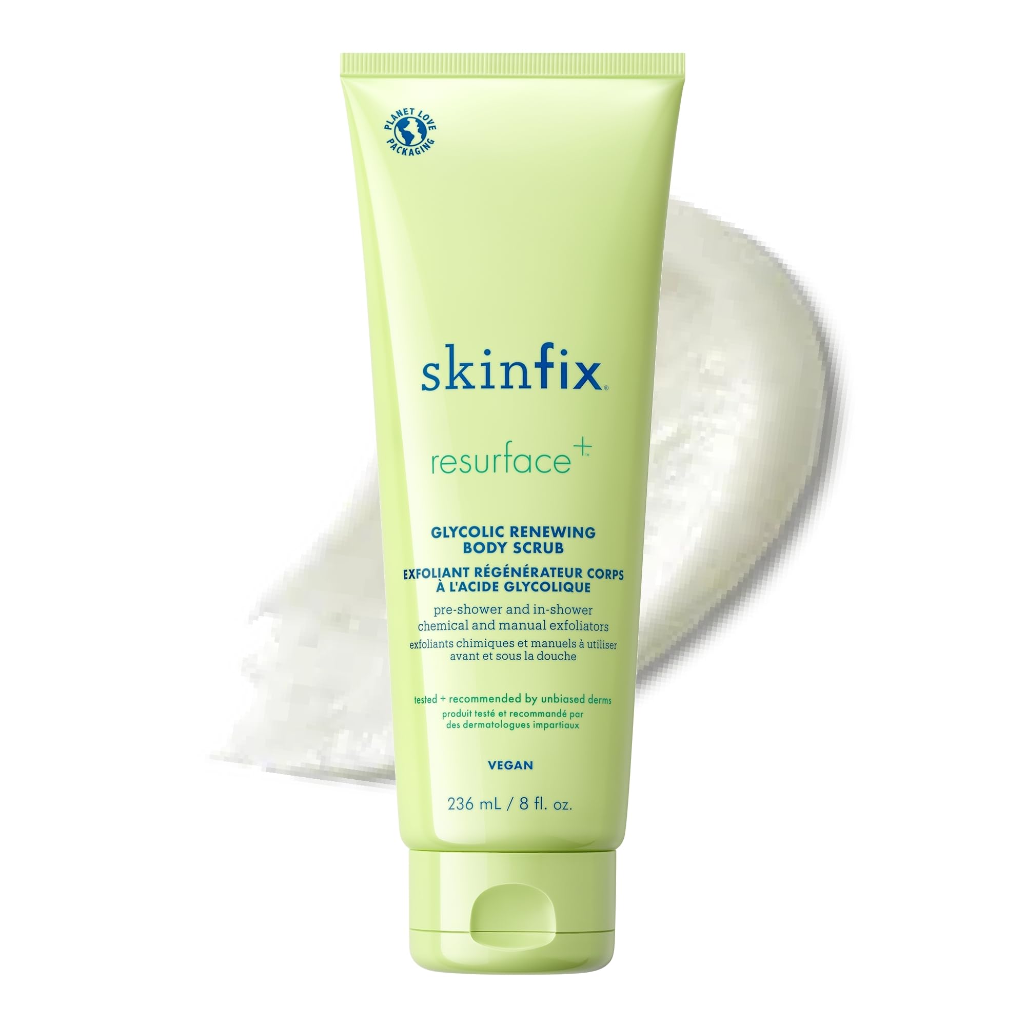 Skinfix Glycolic Renewing Scrub bottle closeup promotes smoothing and renewal