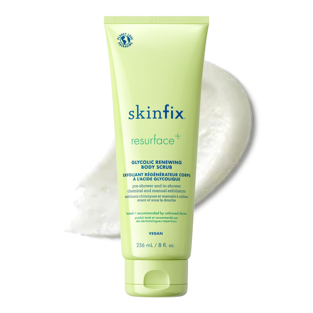 Skinfix Glycolic Renewing Scrub bottle closeup promotes smoothing and renewal