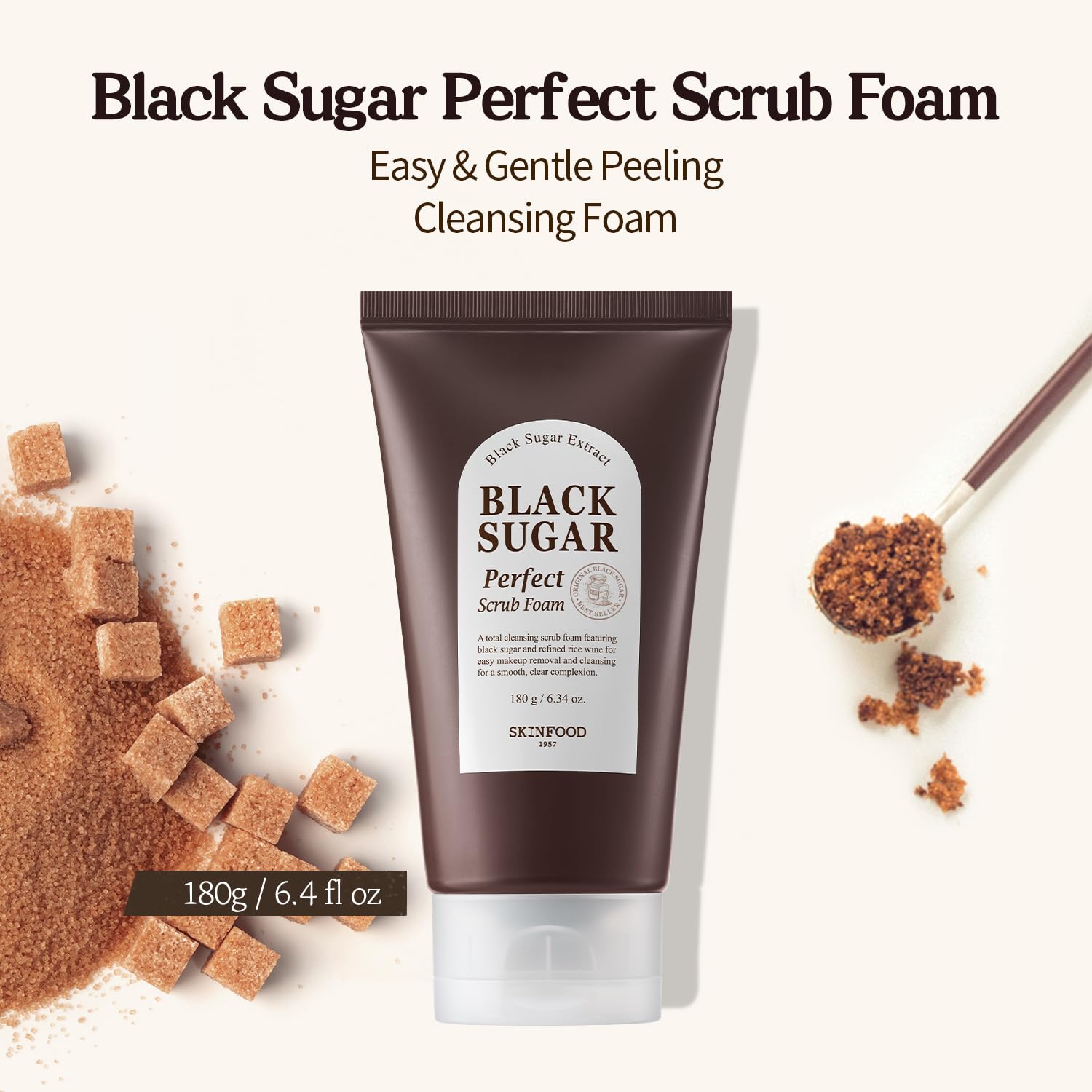 SKINFOOD 1957 Black Sugar granules close-up highlighting exfoliating texture for gentle cleansing.