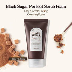 SKINFOOD 1957 Black Sugar granules close-up highlighting exfoliating texture for gentle cleansing.