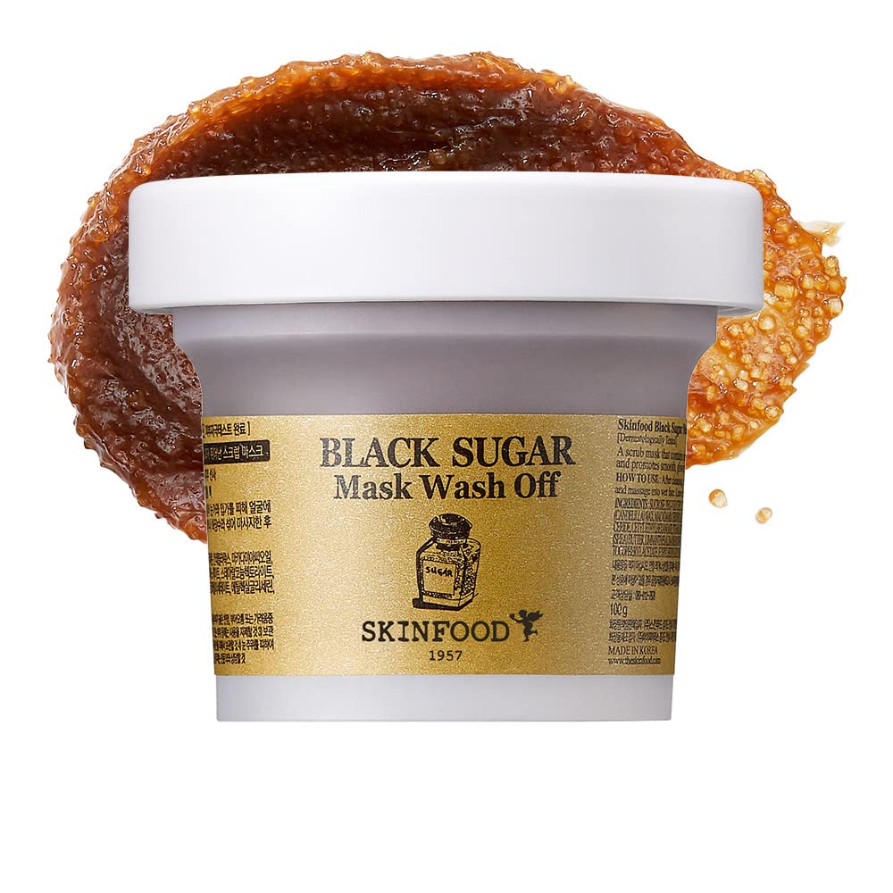 SKINFOOD 1957 Black Sugar Mask jar showing exfoliating texture for gentle scrub.