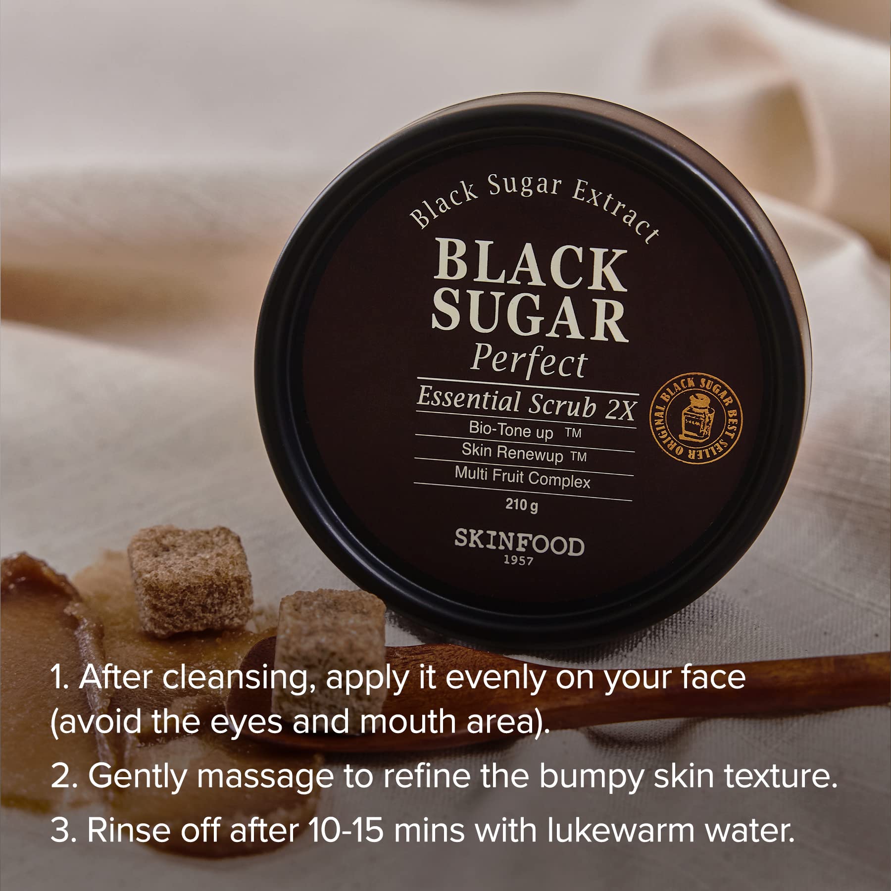 Rinsing with warm water reveals smoother skin after SKINFOOD 1957 Black Sugar Mask.
