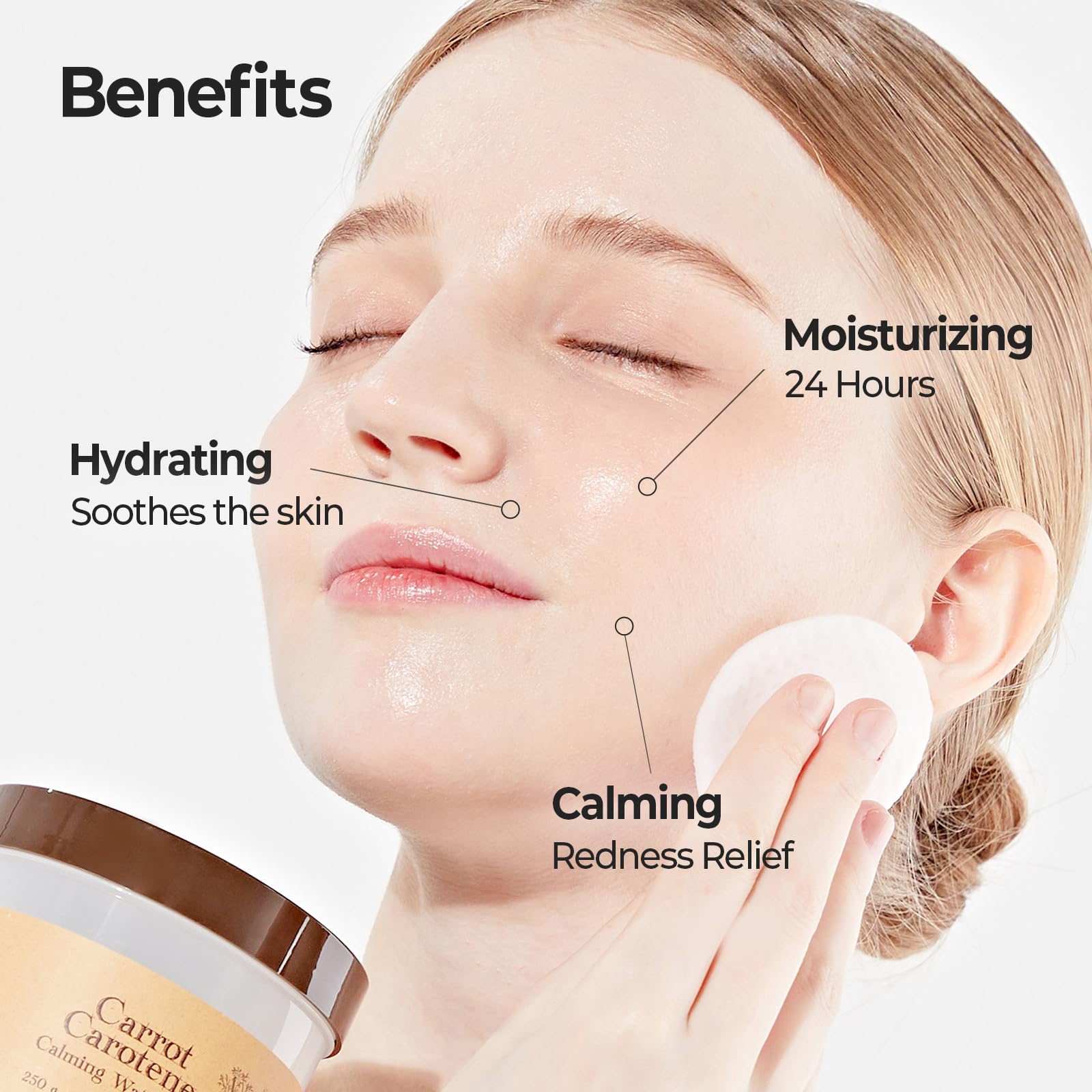 SKINFOOD 1957 carrot pads in-face application demonstrating soothing hydration across the cheeks