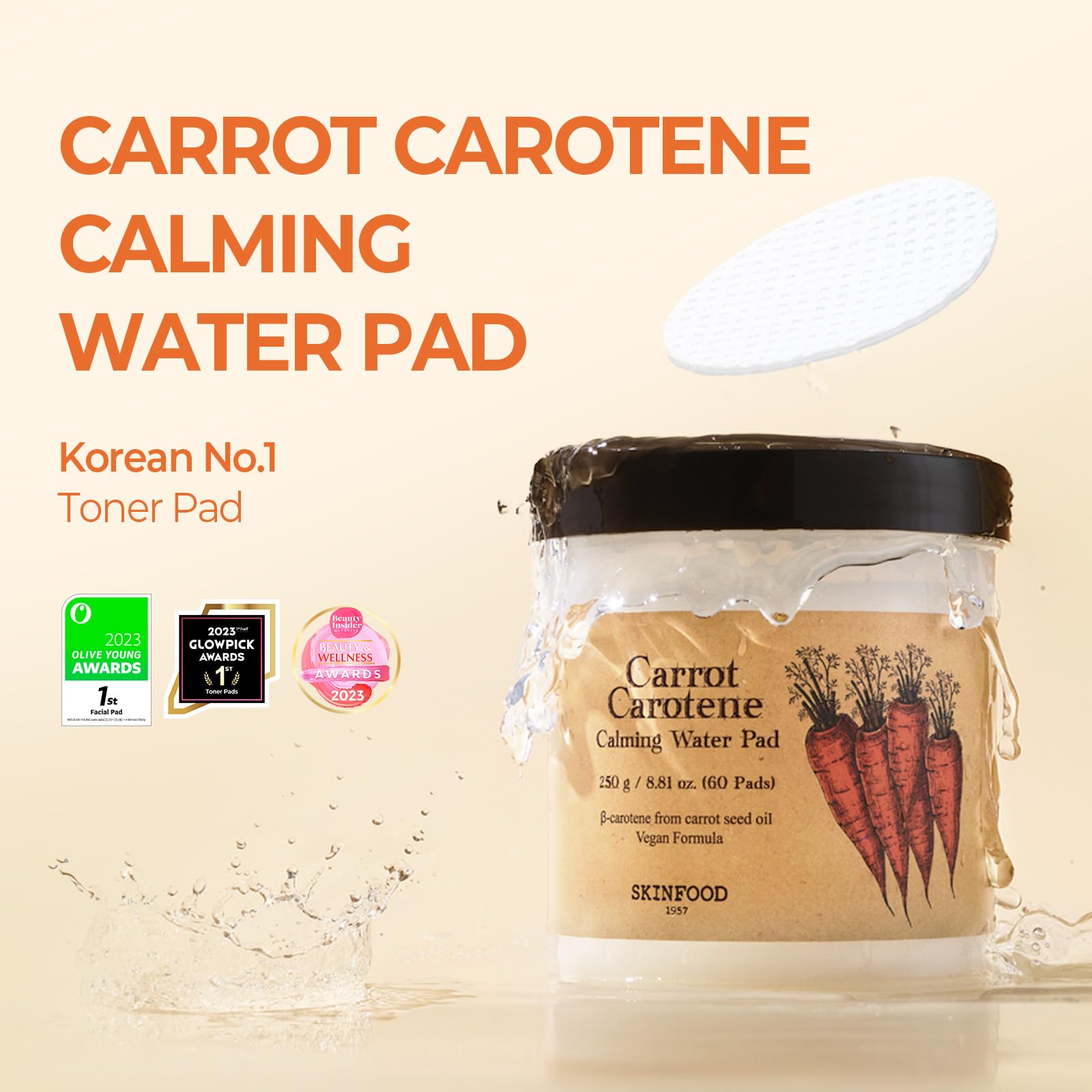 SKINFOOD 1957 carrot-calming water pads sheet mask use for targeted relief