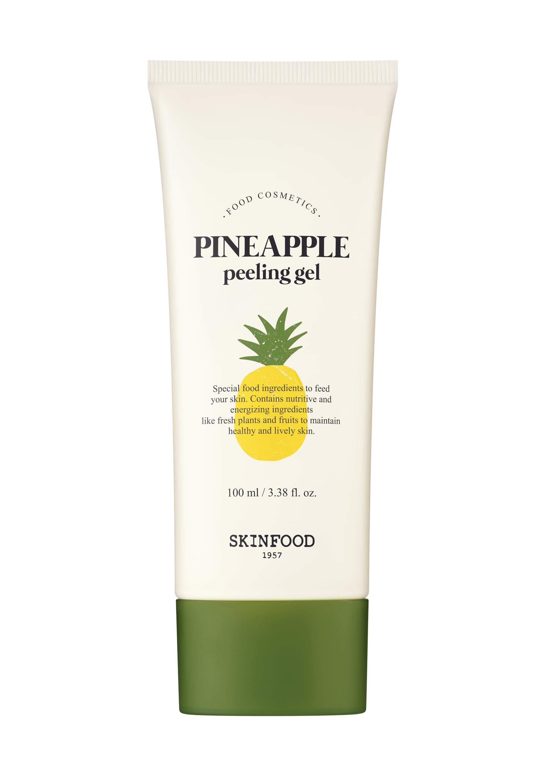 SKINFOOD 1957 pineapple peeling gel bottle close-up for exfoliation.