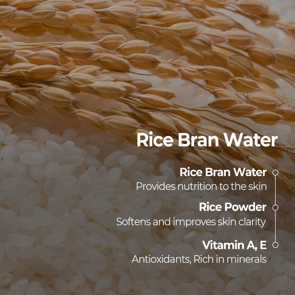 Bottle of SKINFOOD 1957 Rice Bran Water highlights hydrating ingredients