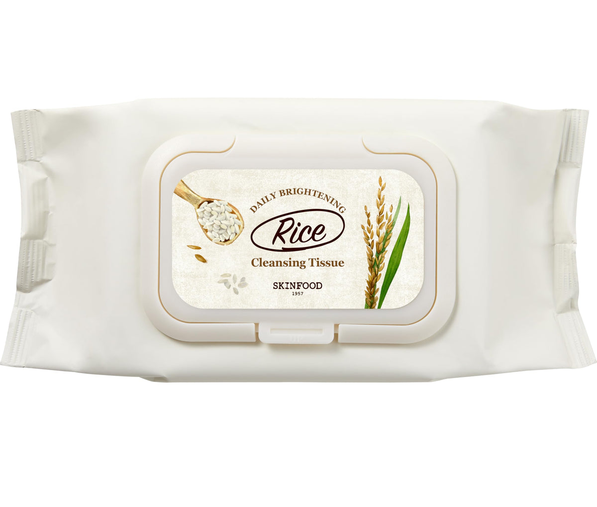 SKINFOOD 1957 Rice Cleansing Wipes packaging for on-the-go cleansing convenience