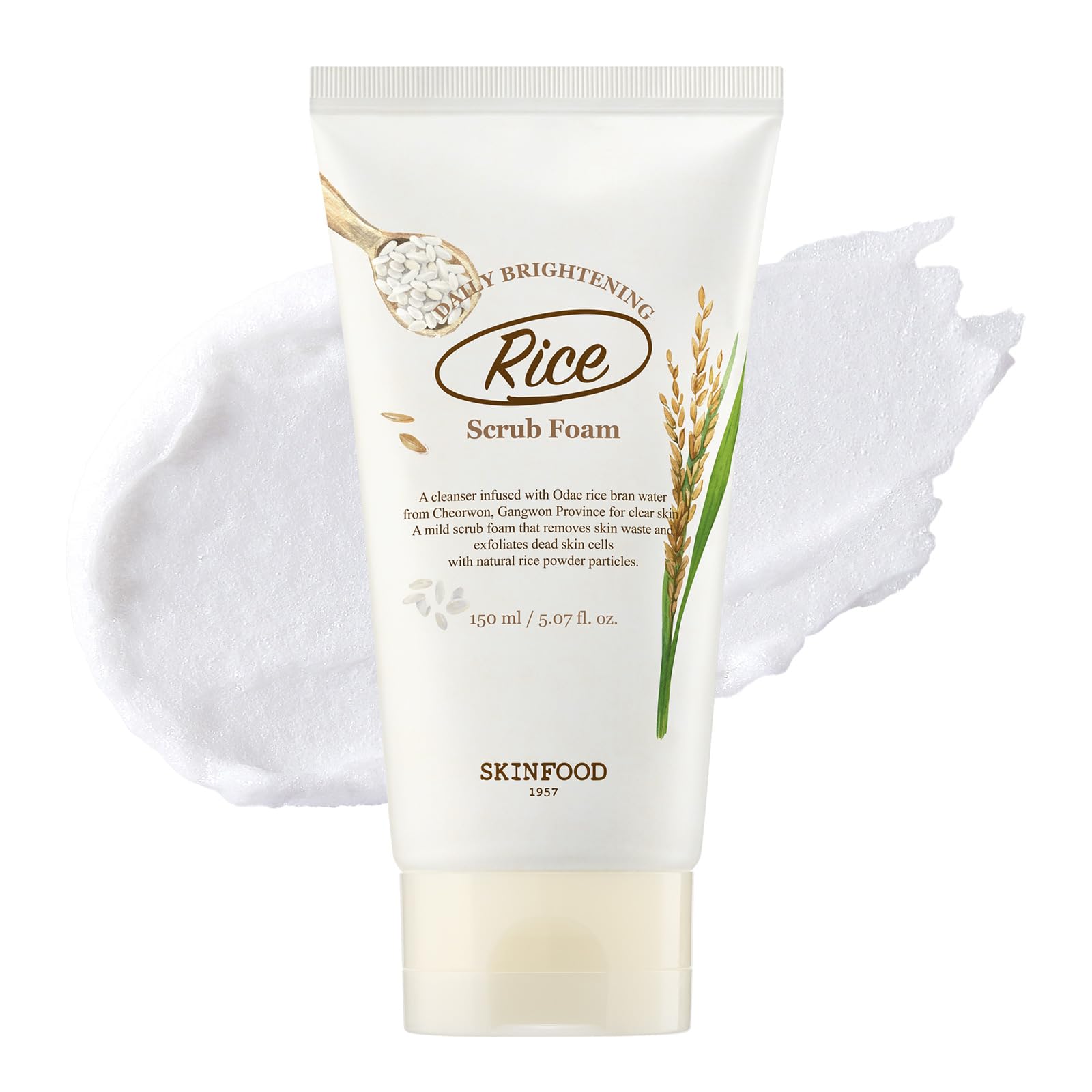 SKINFOOD 1957 Rice Daily Scrub Foam bottle on bathroom shelf for gentle exfoliation