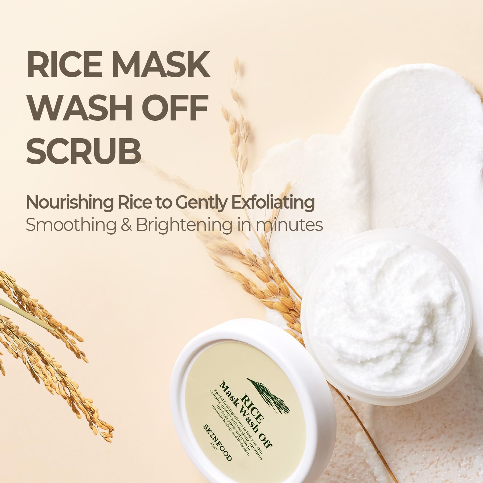 Close-up of SKINFOOD 1957 Rice Mask texture showing creamy exfoliation for smoother skin