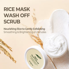 Close-up of SKINFOOD 1957 Rice Mask texture showing creamy exfoliation for smoother skin