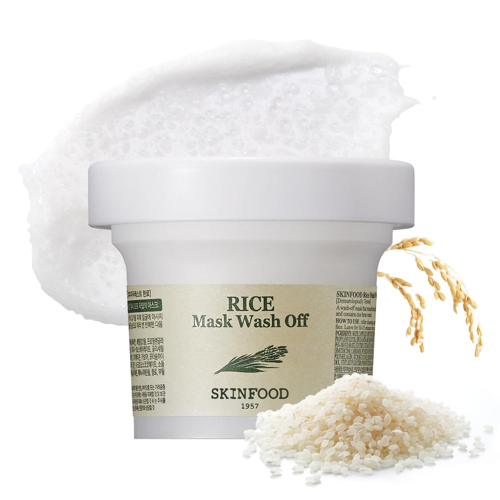 SKINFOOD 1957 Rice Mask Wash Off jar label inviting a gentle self-care ritual