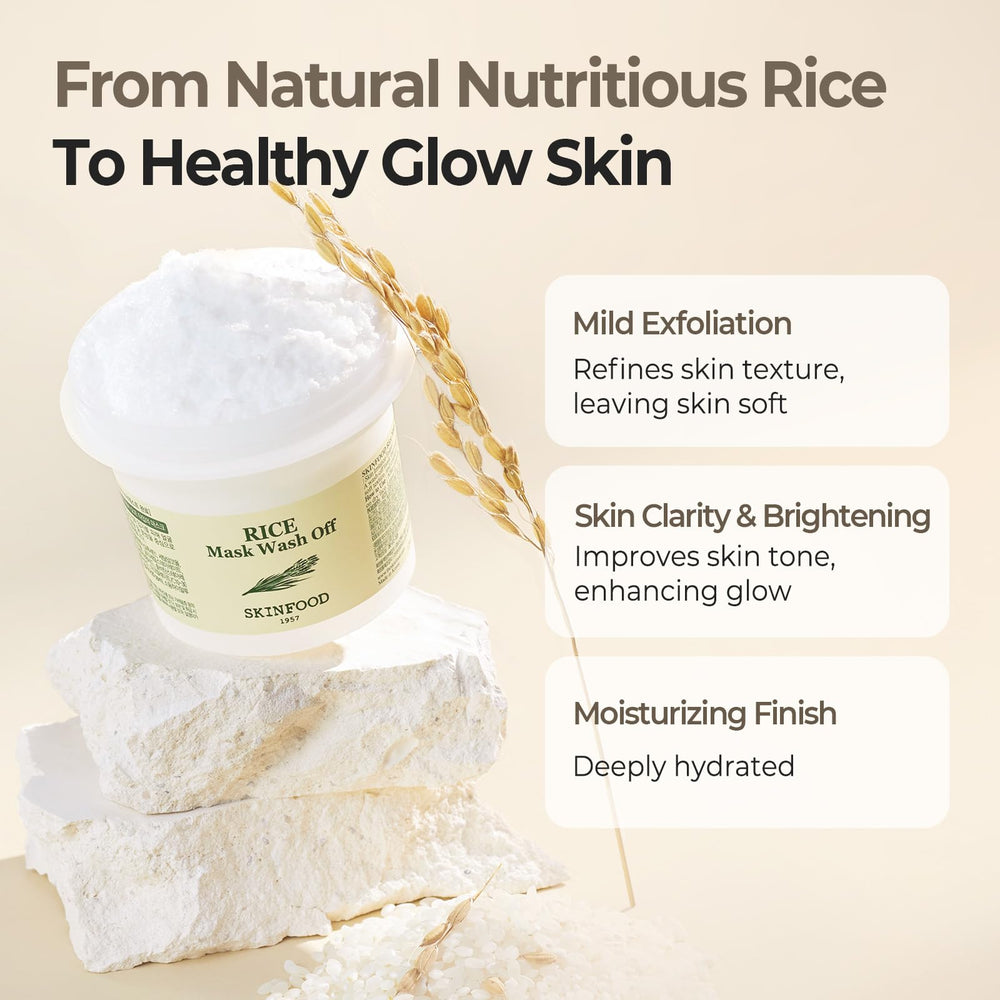 Fine rice powder particles from SKINFOOD 1957 Rice Mask indicate gentle exfoliation