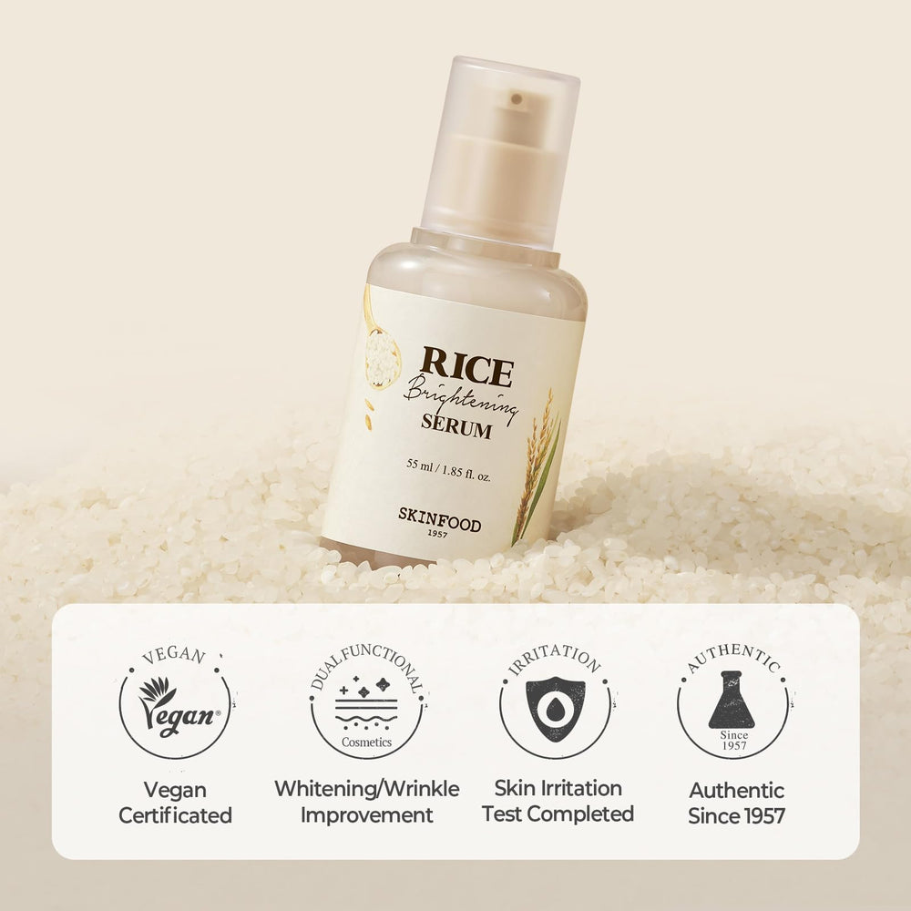 SKINFOOD 1957 Rice Serum compact packaging mockup suggests travel-friendly size.