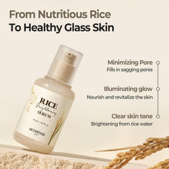 SKINFOOD 1957 Rice Serum hydration glow close-up highlights glass-skin look.