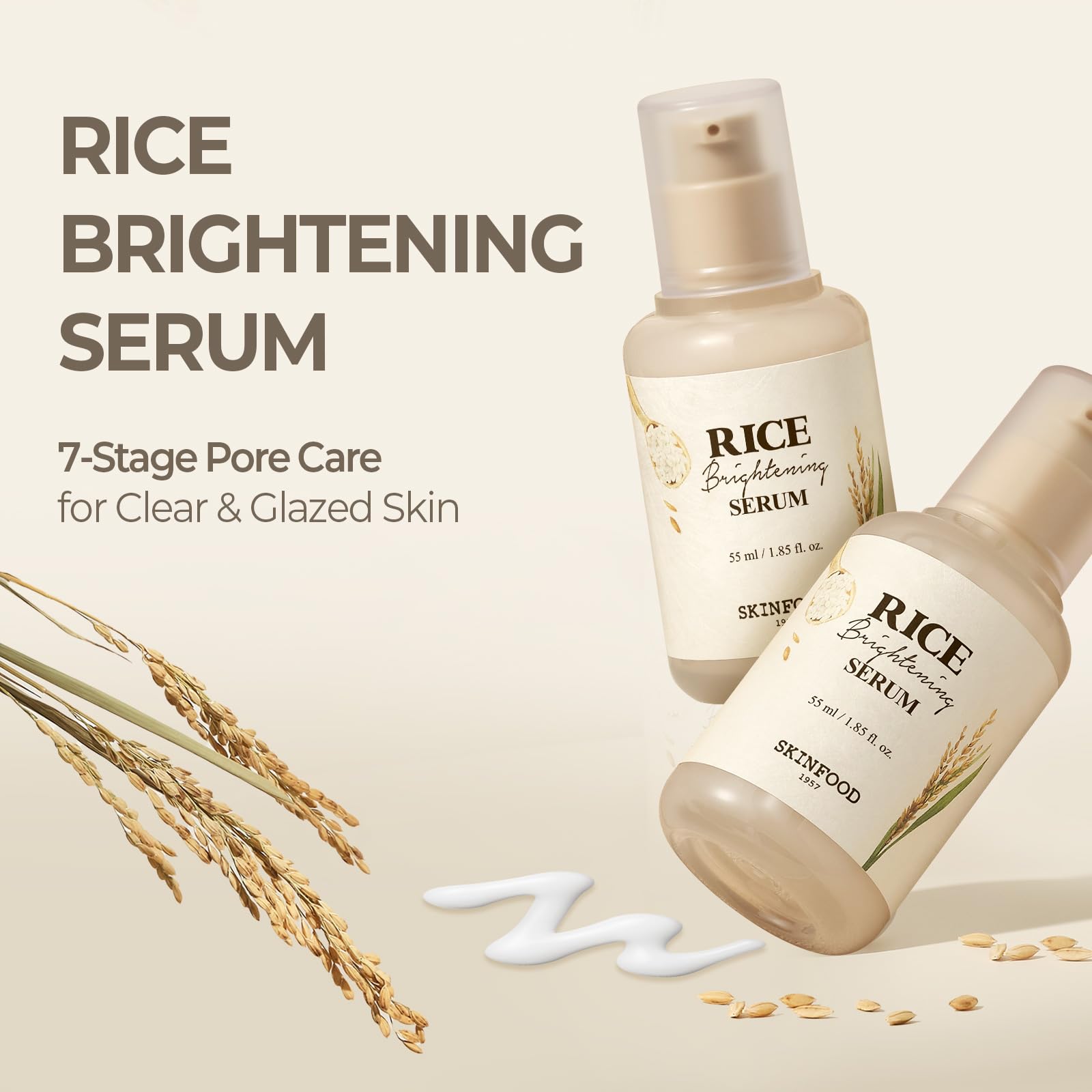 SKINFOOD 1957 Rice Serum pouring shot suggests quick absorption and hydration.