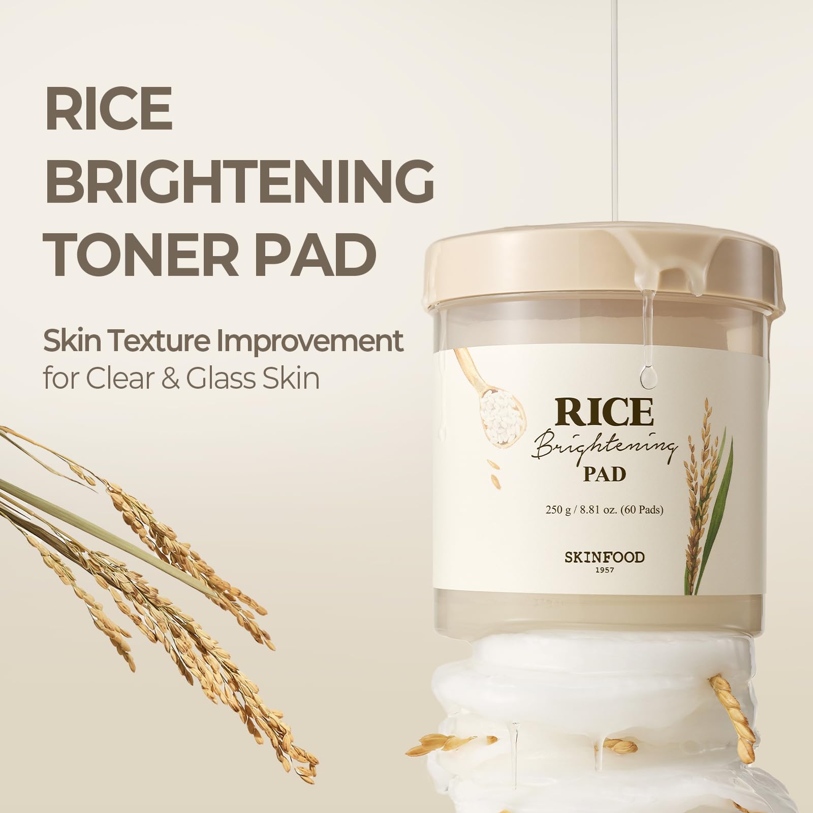 SKINFOOD 1957 rice toner pad in box display, ready for quick daily glow