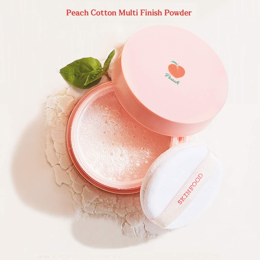 SKINFOOD Peach Cotton Multi Finish Powder 15g packaging image highlighting silky texture for smooth skin.