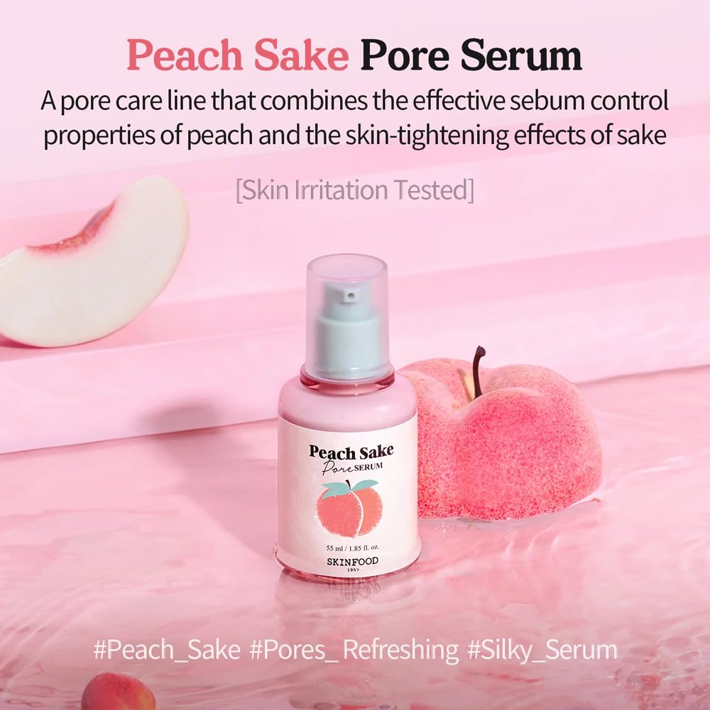 Demonstration of applying SKINFOOD Peach Sake Serum in a daily routine.
