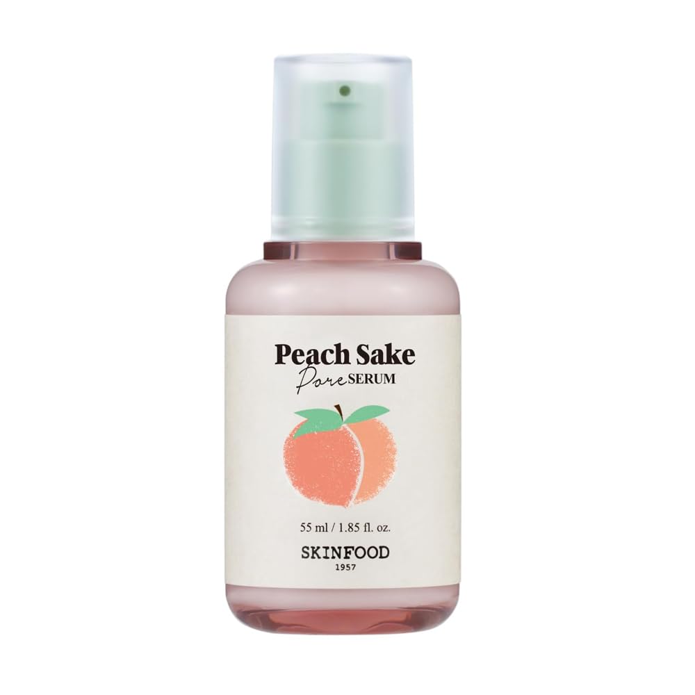 SKINFOOD Peach Sake Serum bottle close-up highlighting branding and pore care appeal.