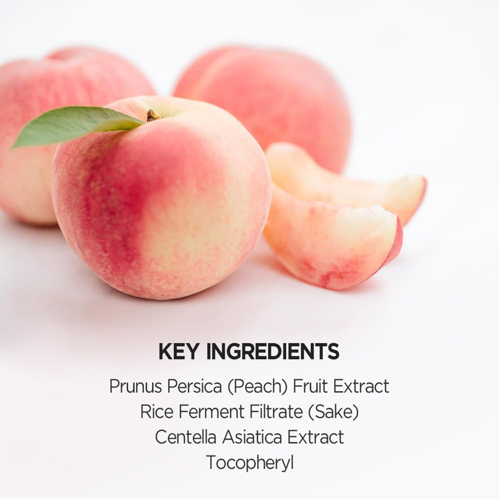 Pump bottle of SKINFOOD Peach Sake Serum for easy, hygienic dispensing.