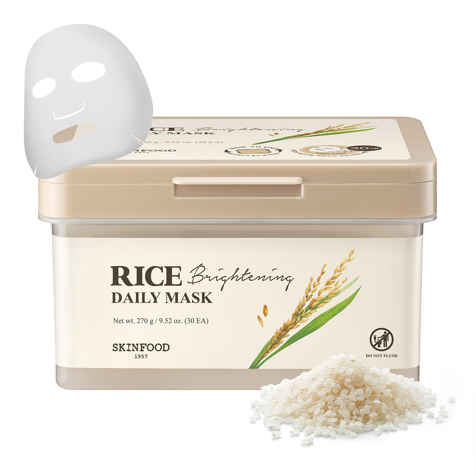 SKINFOOD Rice Daily Mask packaging shows a 30-piece bulk pack for daily hydration
