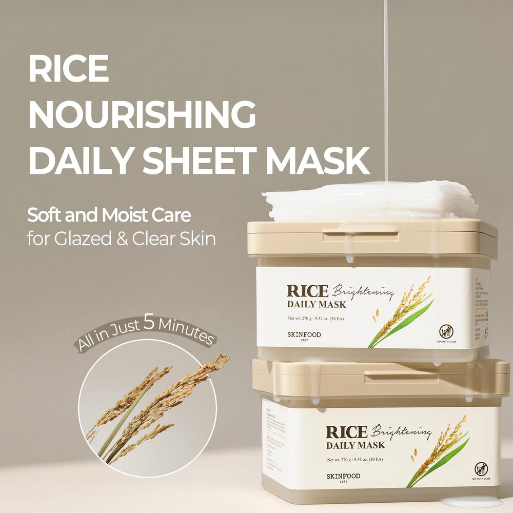 Close-up of SKINFOOD Rice Daily Mask sheet highlighting breathable cellulose material