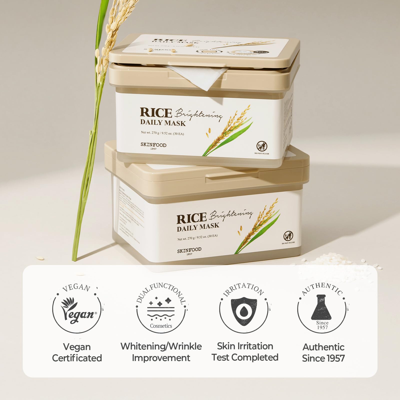 Vegan and eco-friendly packaging emphasis on SKINFOOD Rice Daily Mask