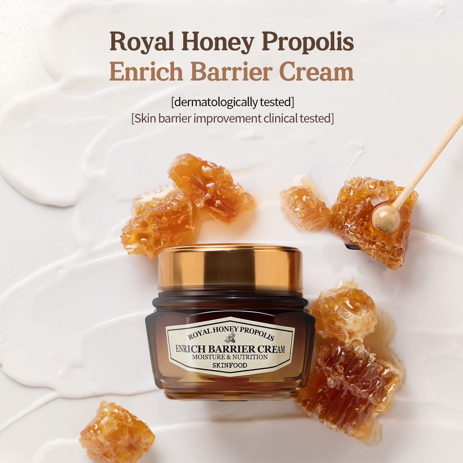 Label closeup of SKINFOOD 1957 Royal Honey Propolis Enrich Barrier Cream emphasizes royal essence