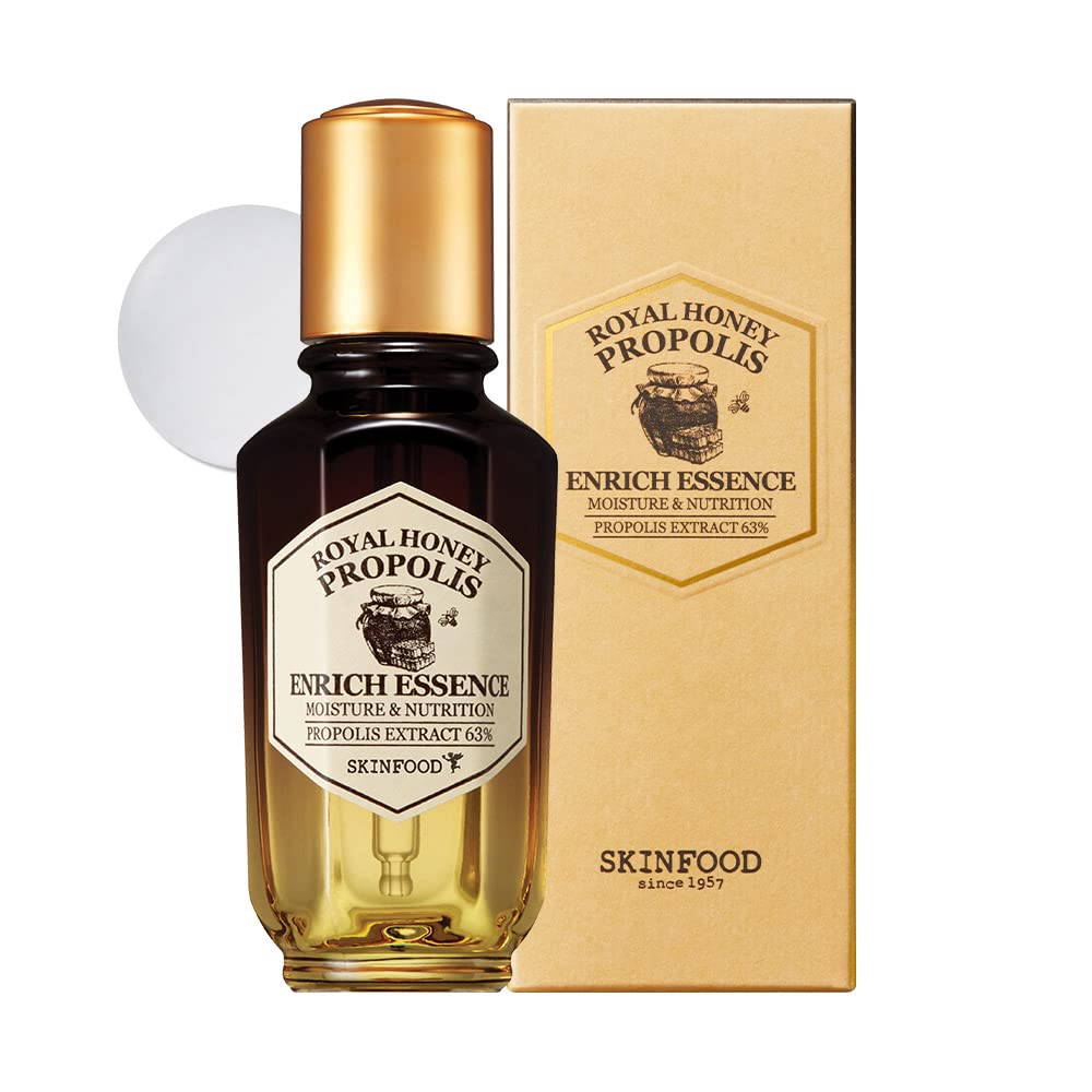 Skinfood 1957 royal honey propolis essence bottle glows with moisturizing radiance