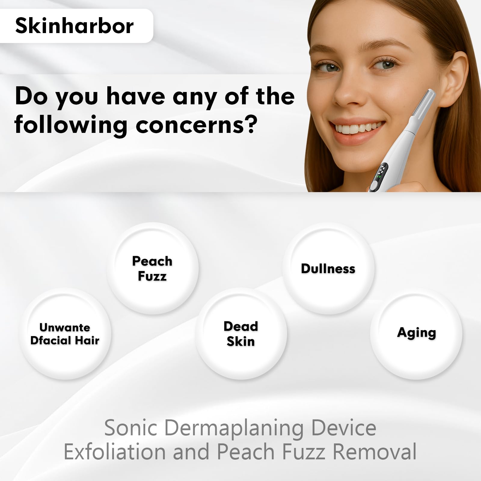 Skinharbor Sonic Dermaplane for Women facial exfoliation reveals peach fuzz removal and smoother makeup base.