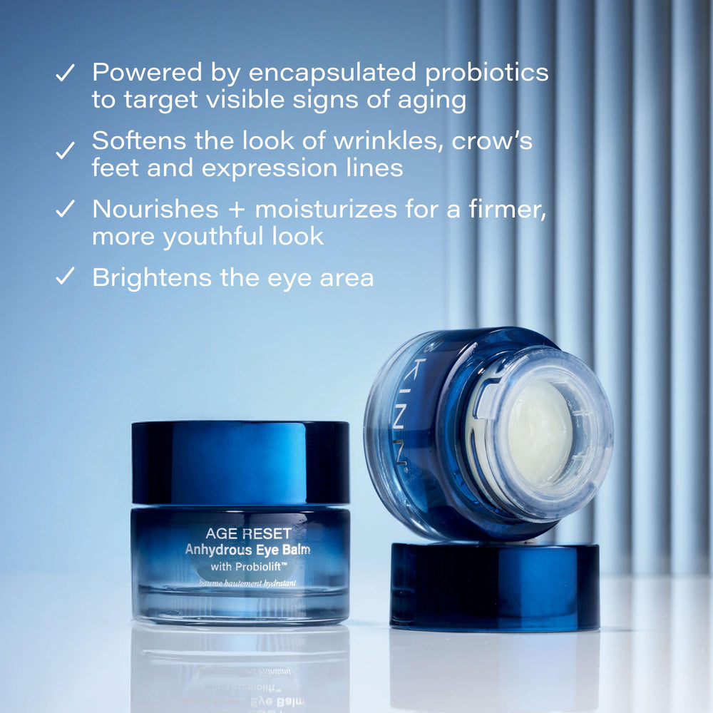 SKINN Age Reset Eye Balm packaging and label details show clean beauty credentials.