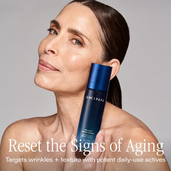 SKINN Deep Wrinkle Serum bottle closeup label highlights key ingredients