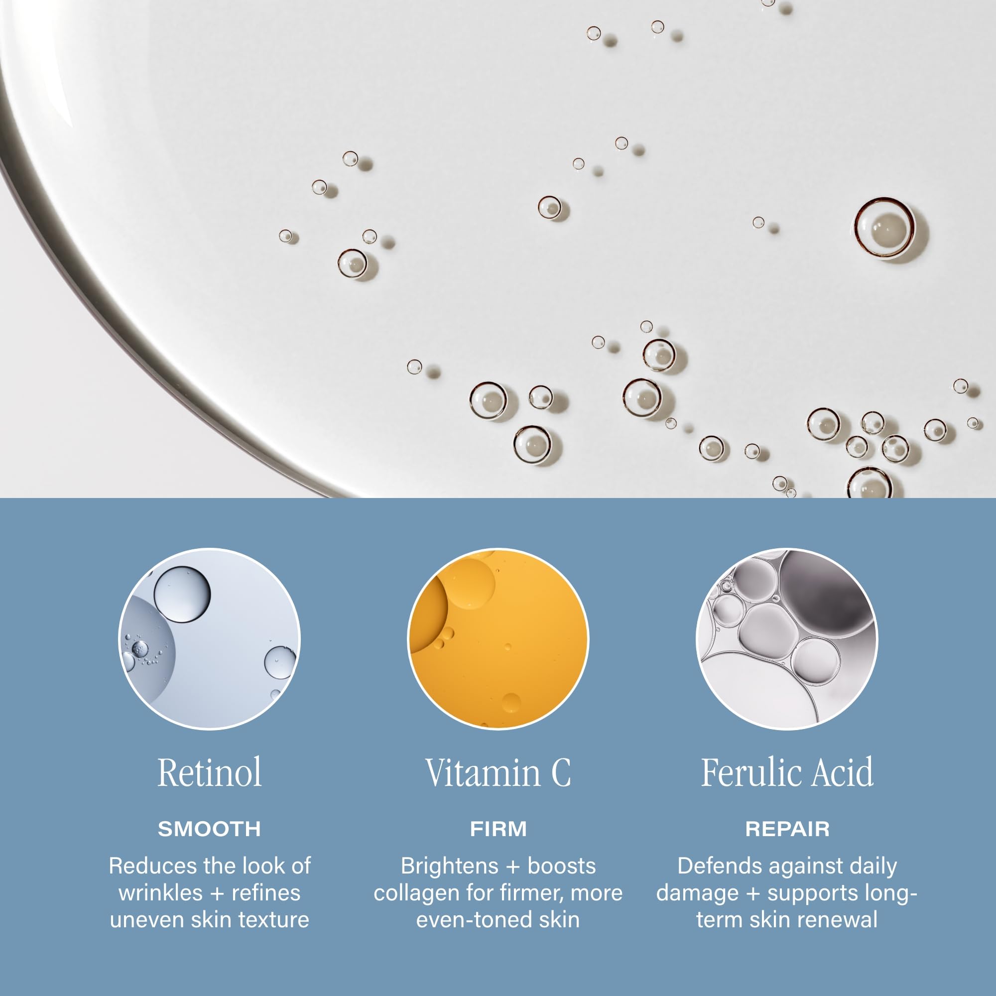 SKINN Deep Wrinkle Serum ingredients visual highlights ferulic acid and vitamin C