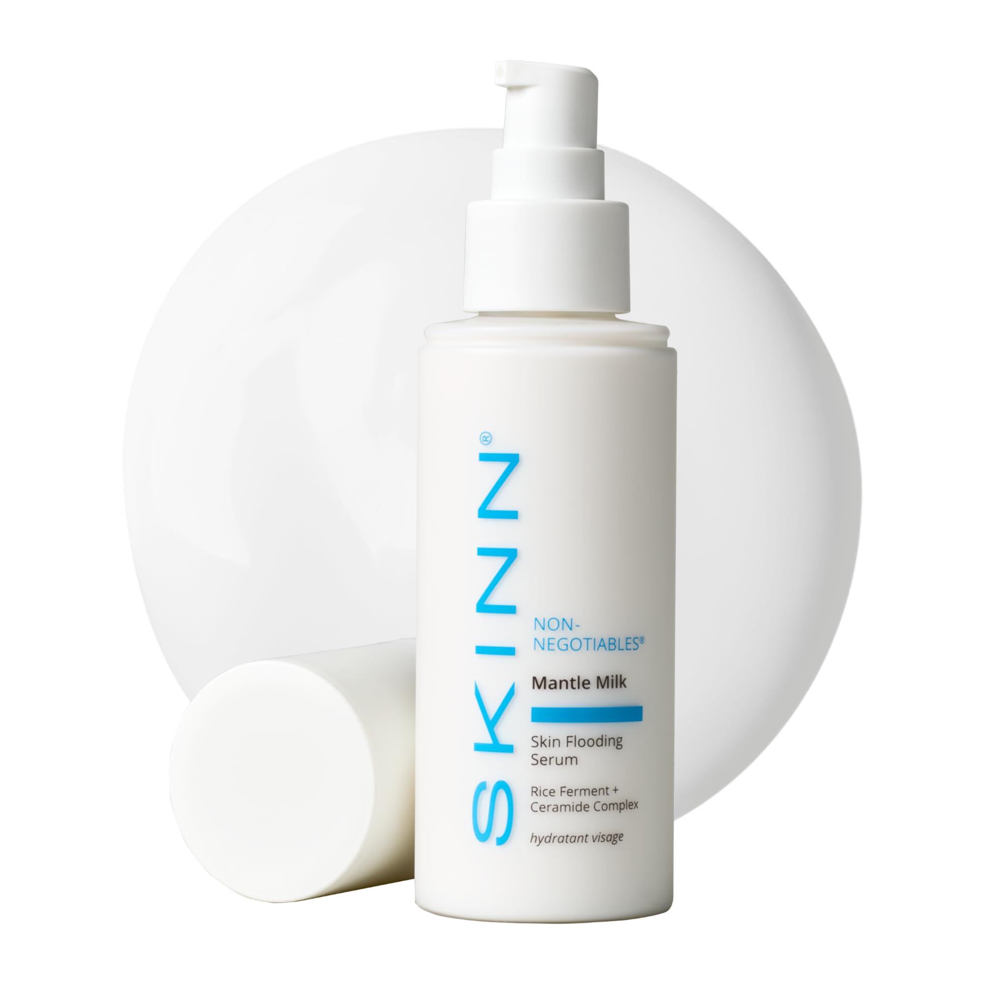 SKINN Mantle Milk Serum bottle pump delivering lasting hydration for smoother skin
