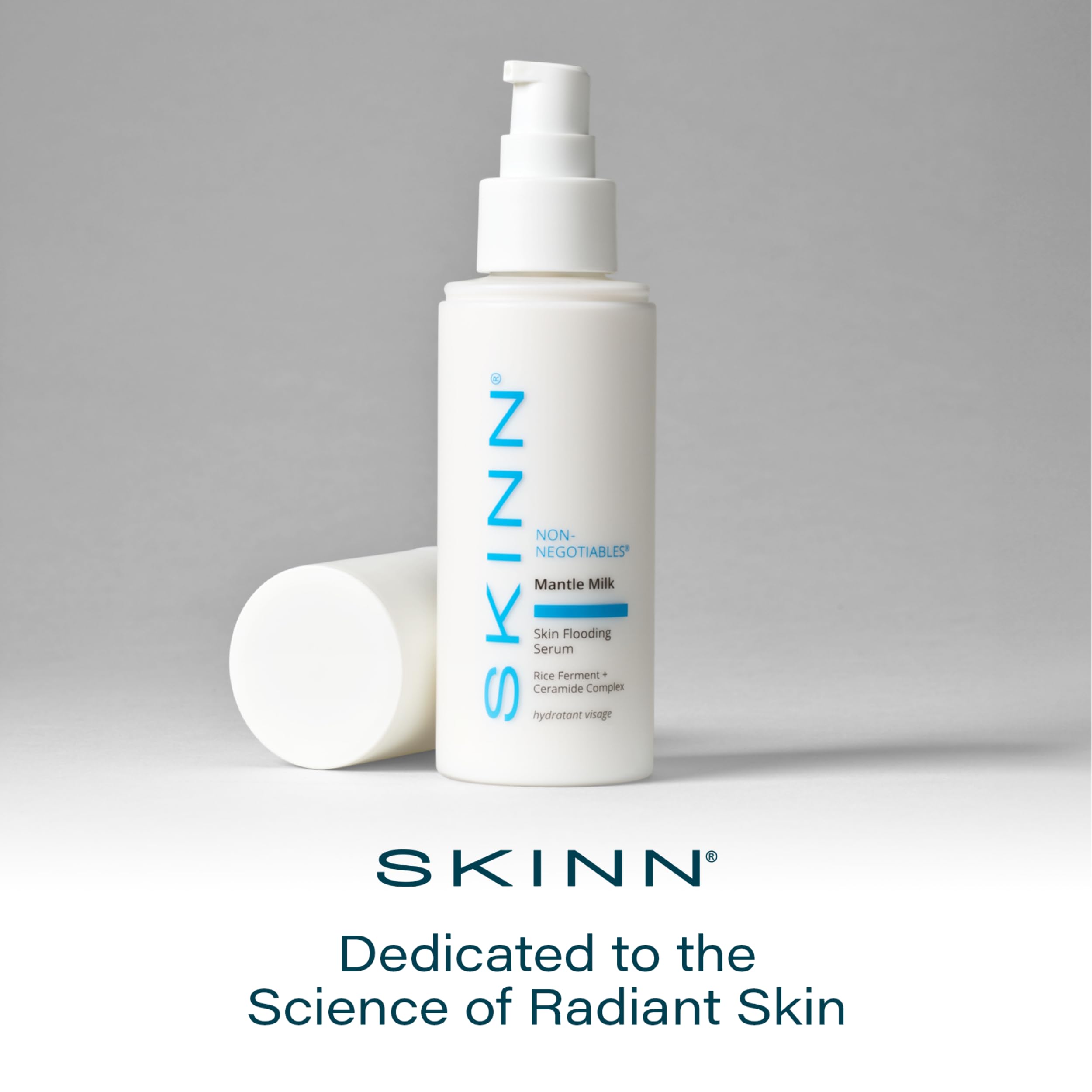 SKINN Mantle Milk Serum hydration close-up showing dewy, plump skin after use