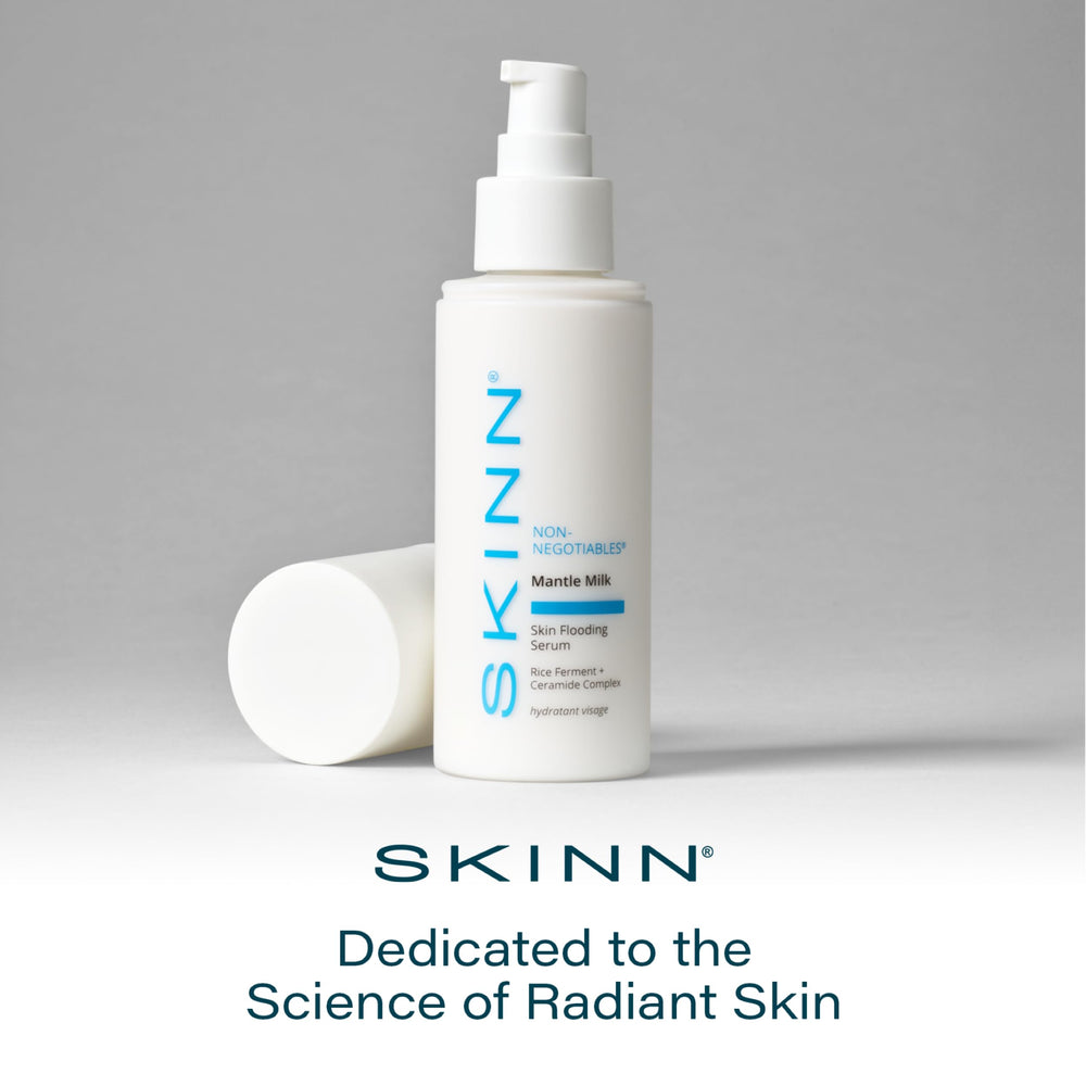 SKINN Mantle Milk Serum hydration close-up showing dewy, plump skin after use