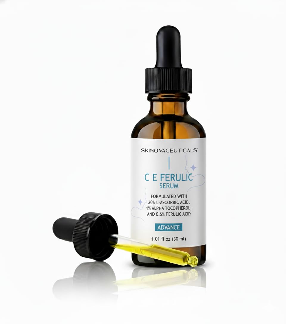 SkinovaCeuticals C E Ferulic bottle closeup emphasizes antioxidant protection for radiant skin