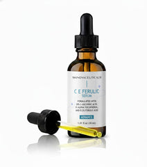 SkinovaCeuticals C E Ferulic bottle closeup emphasizes antioxidant protection for radiant skin