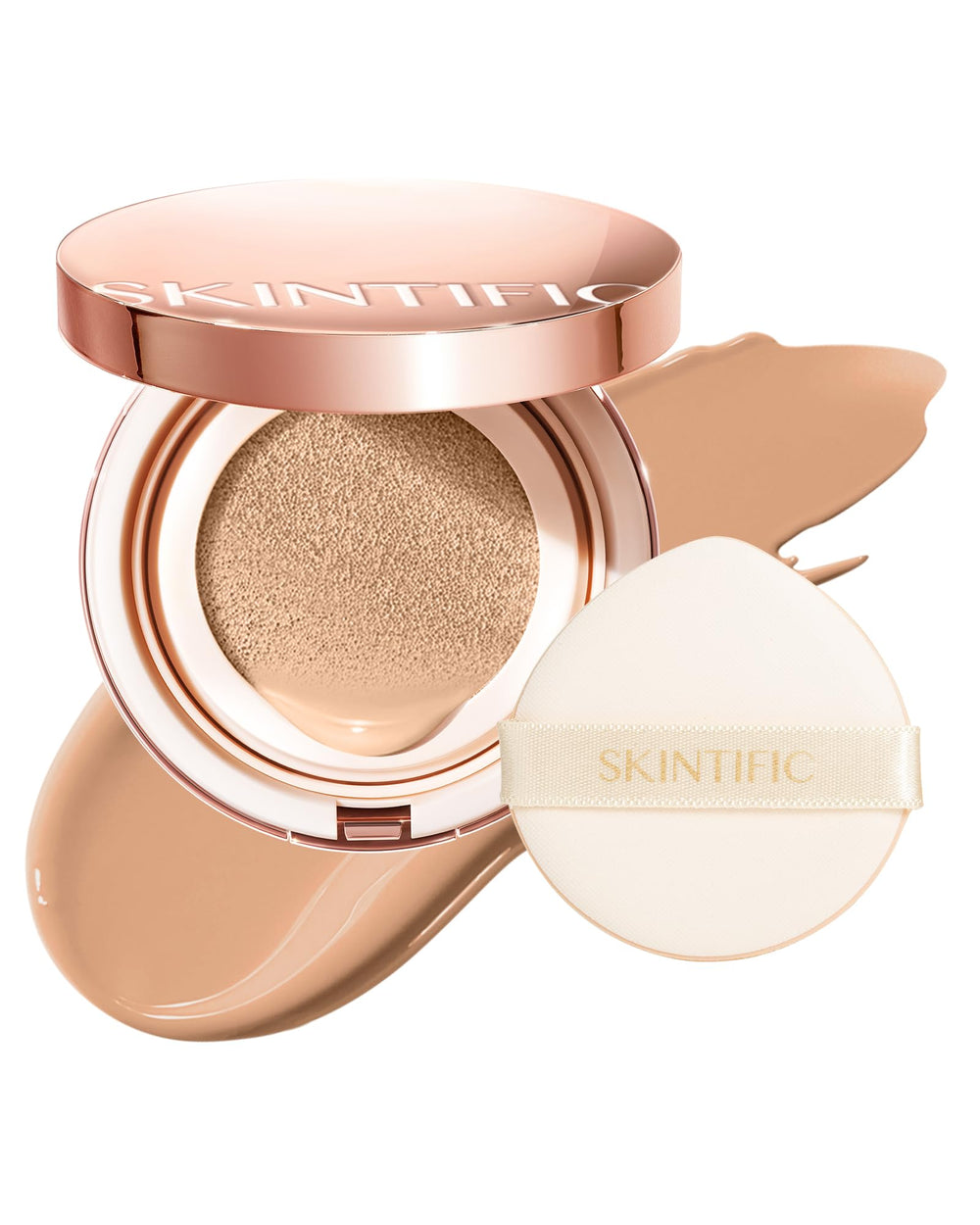 SKINTIFIC Full Coverage Cushion Foundation delivers glass-skin glow with even tone.