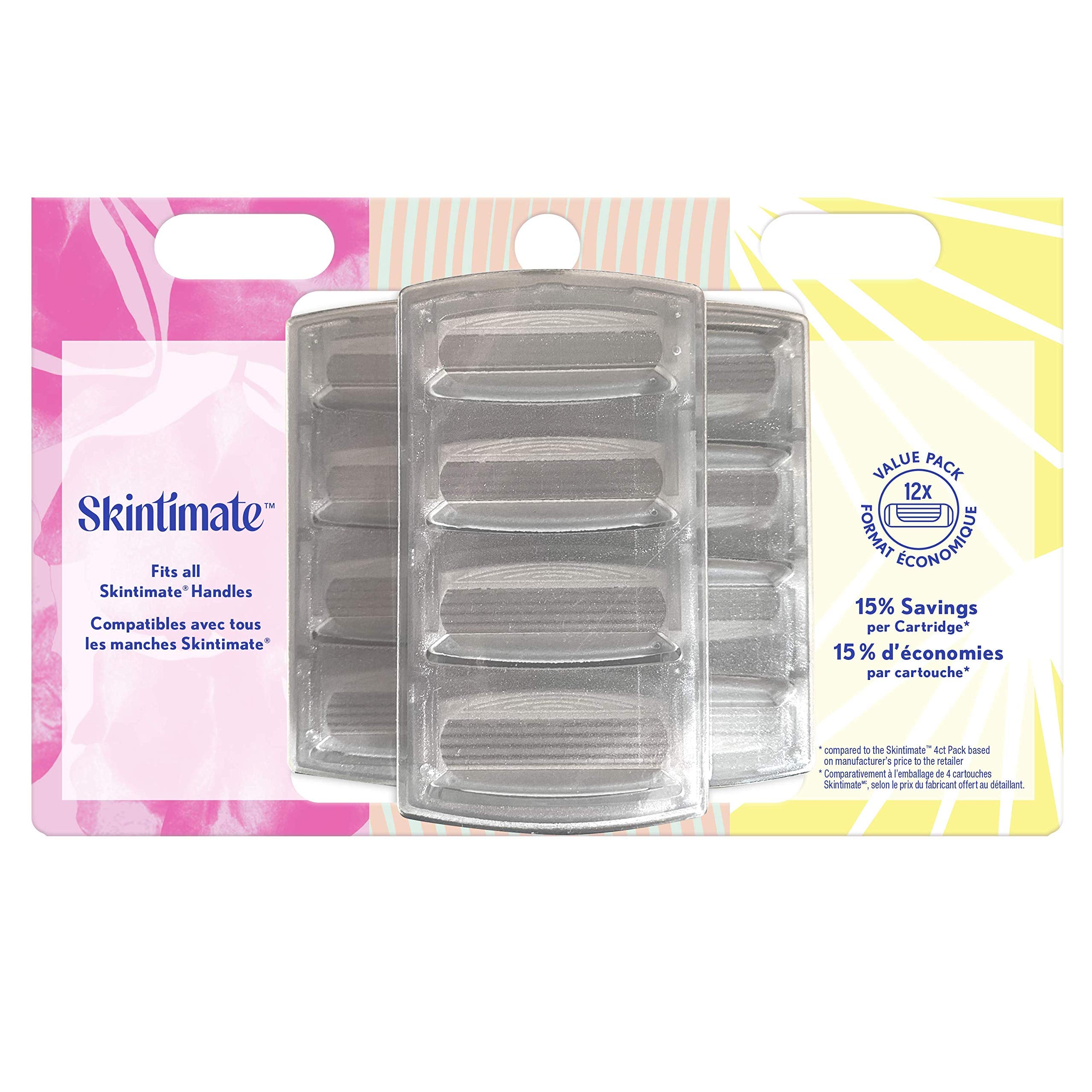 A close-up of the Skintimate 4-blade razor refill showing flexible cartridge for smooth, curved shaving.